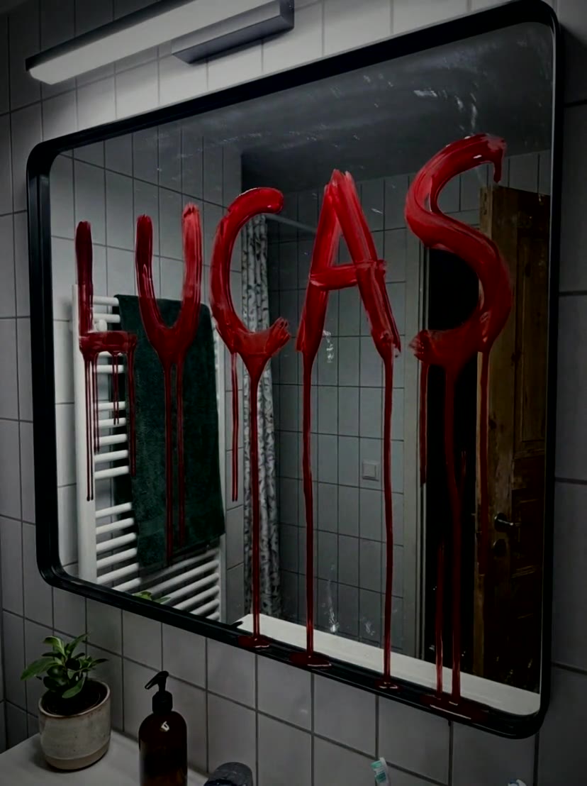 Le prénom LUCAS écrit en sang sur le miroir d’une salle de bain