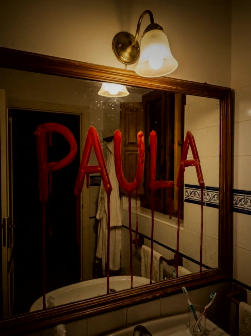 Le prénom PAULA écrit en sang sur le miroir d’une salle de bain